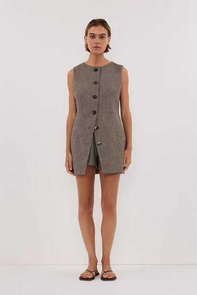 Rebecca – Completo Donna in Tweed Cioccolato con Gilet Tunica e Shorts
