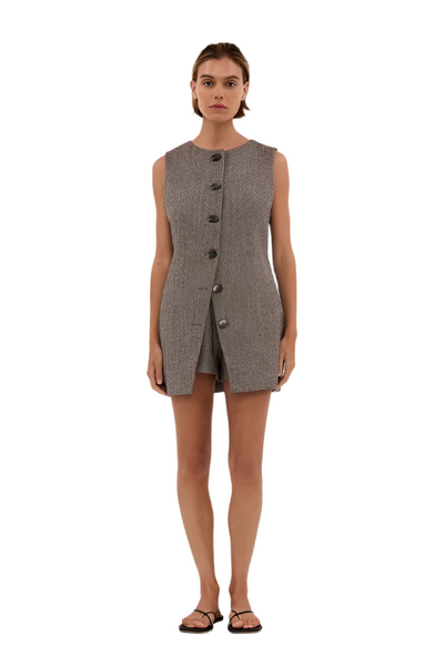 Rebecca – Completo Donna in Tweed Cioccolato con Gilet Tunica e Shorts