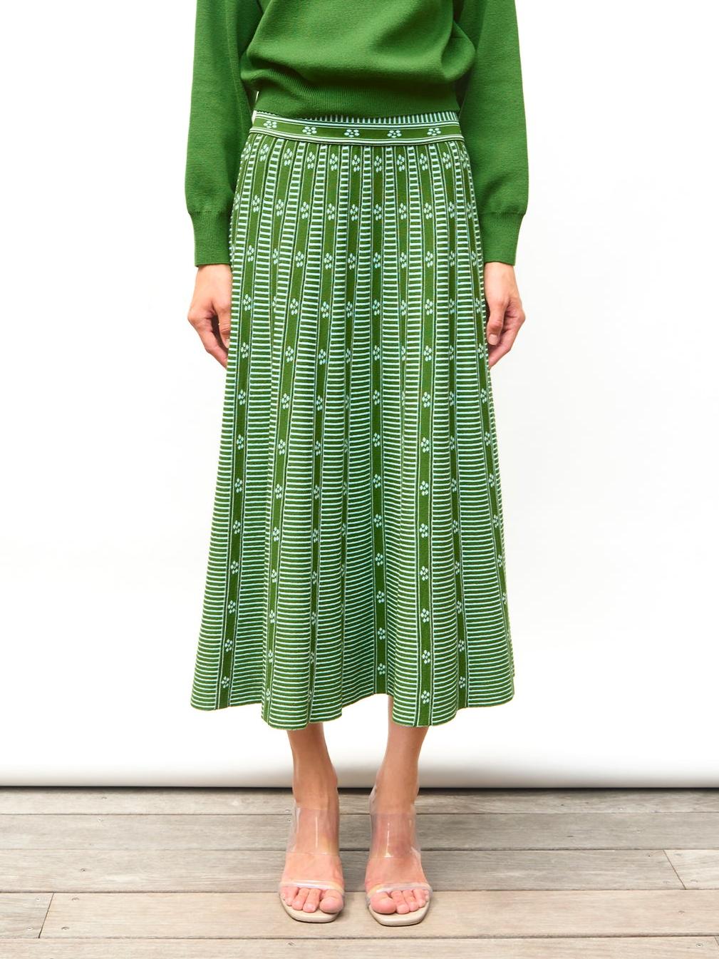 Padma – Gonna Midi Donna in Jacquard Verde con Motivo Floreale
