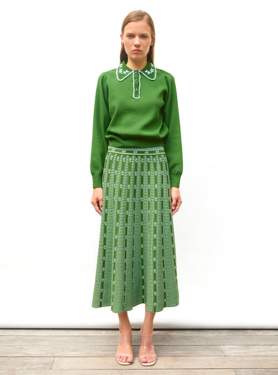 Padma – Gonna Midi Donna in Jacquard Verde con Motivo Floreale