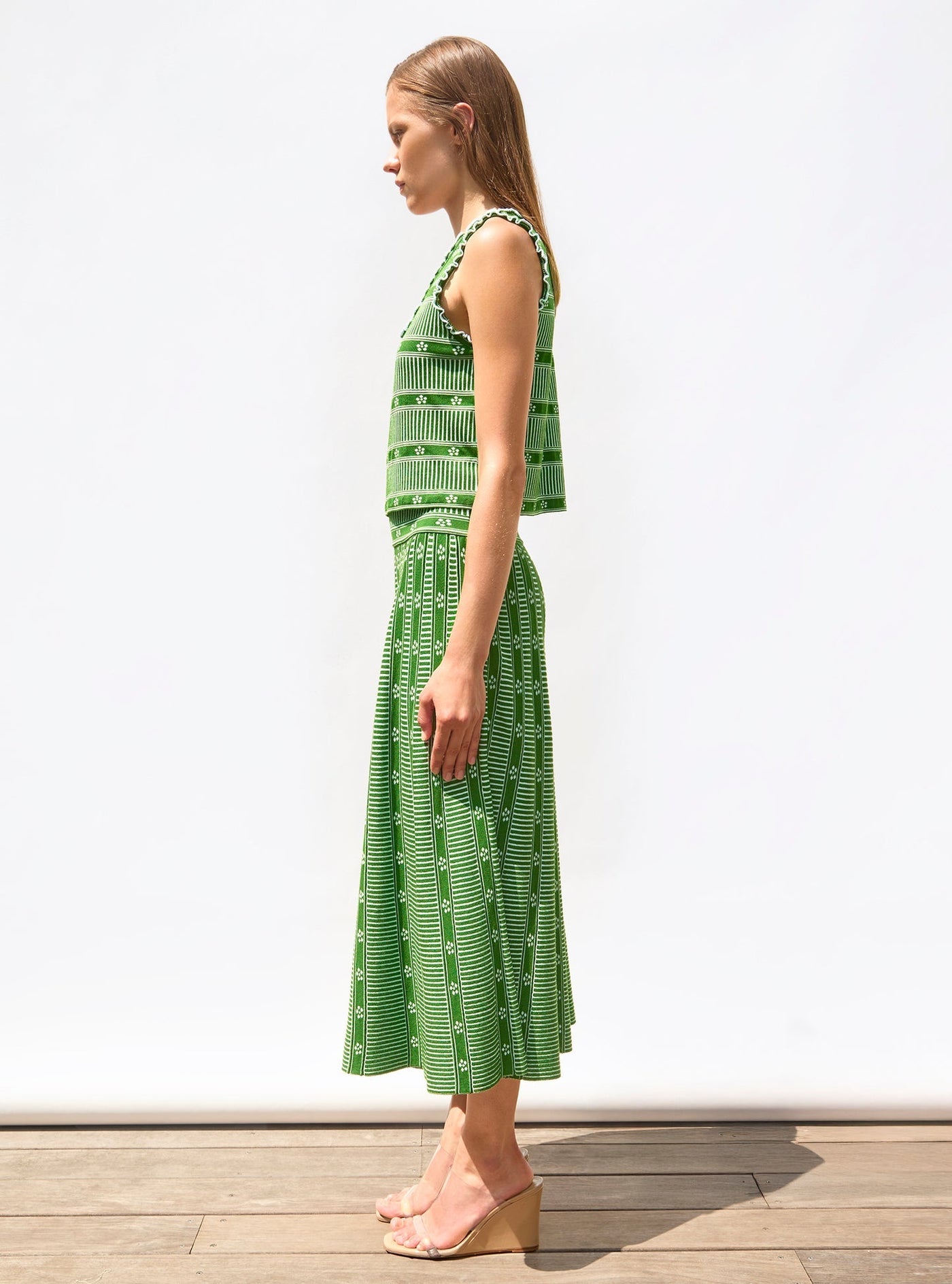 Padma – Gonna Midi Donna in Jacquard Verde con Motivo Floreale