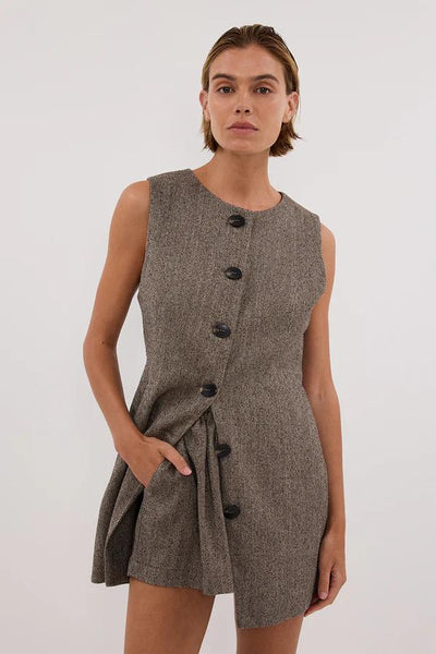 Rebecca – Completo Donna in Tweed Cioccolato con Gilet Tunica e Shorts