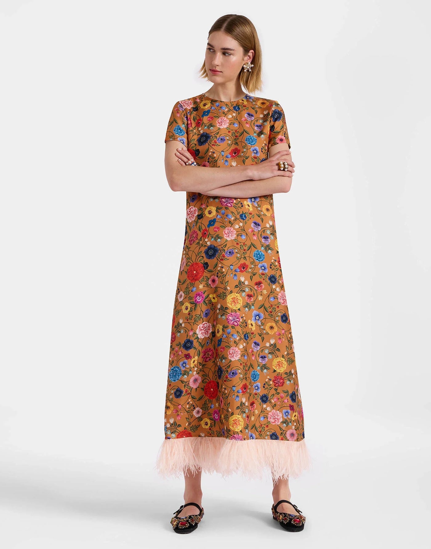 Gladys – Abito da Festa Donna con Finiture in Piume e Stampa Floreale