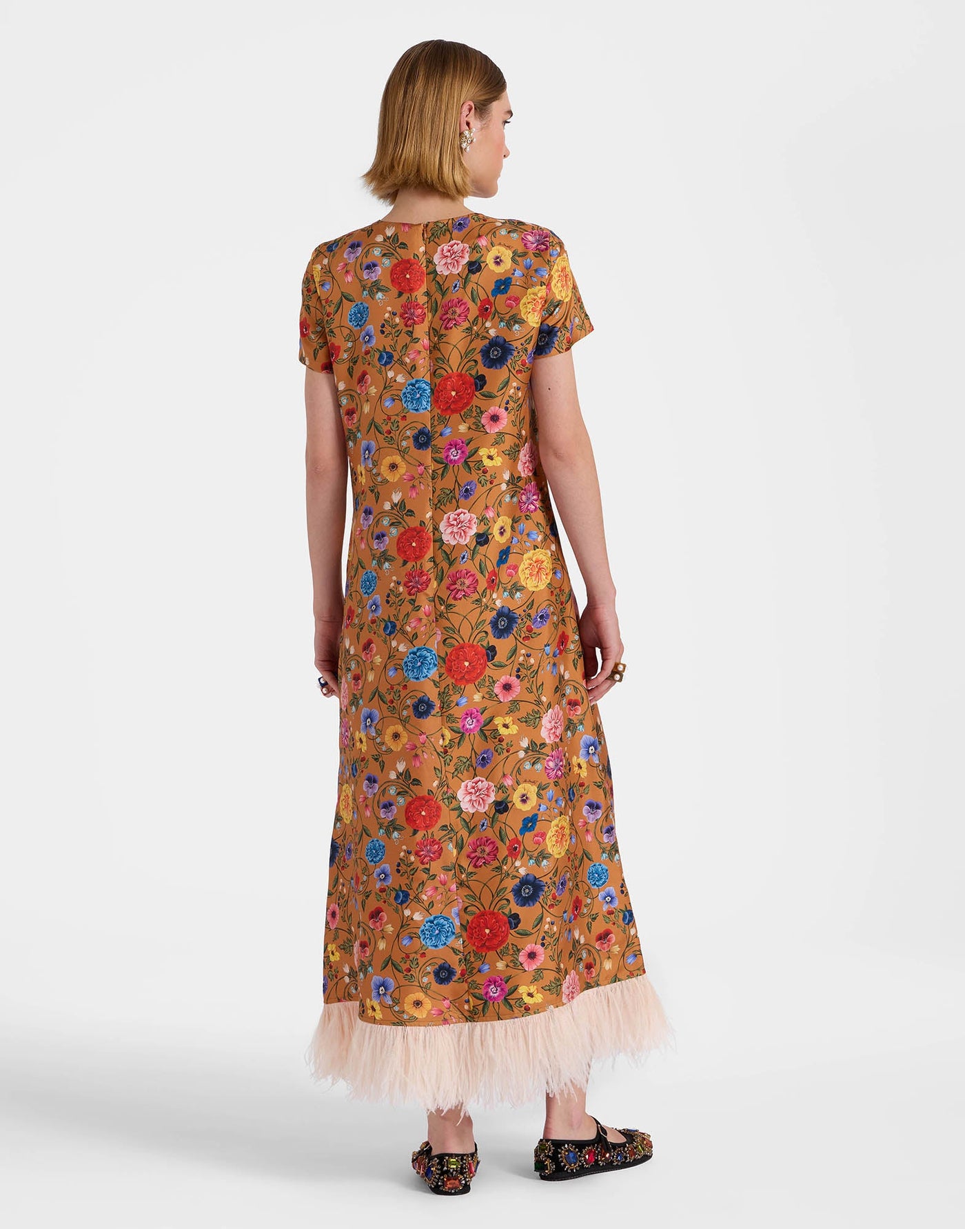 Gladys – Abito da Festa Donna con Finiture in Piume e Stampa Floreale