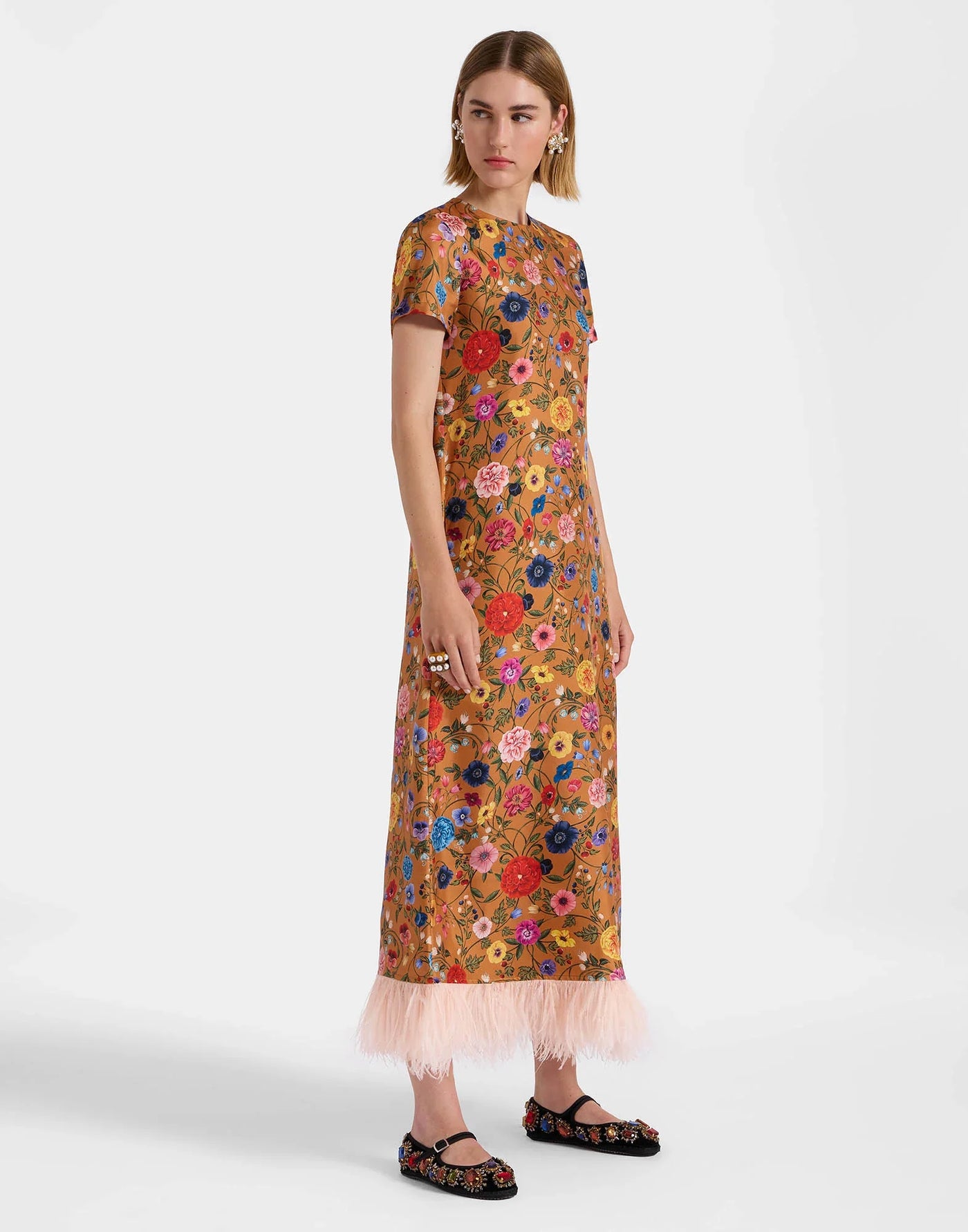 Gladys – Abito da Festa Donna con Finiture in Piume e Stampa Floreale