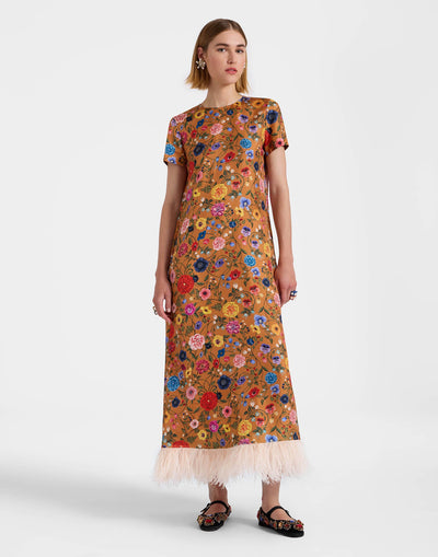 Gladys – Abito da Festa Donna con Finiture in Piume e Stampa Floreale