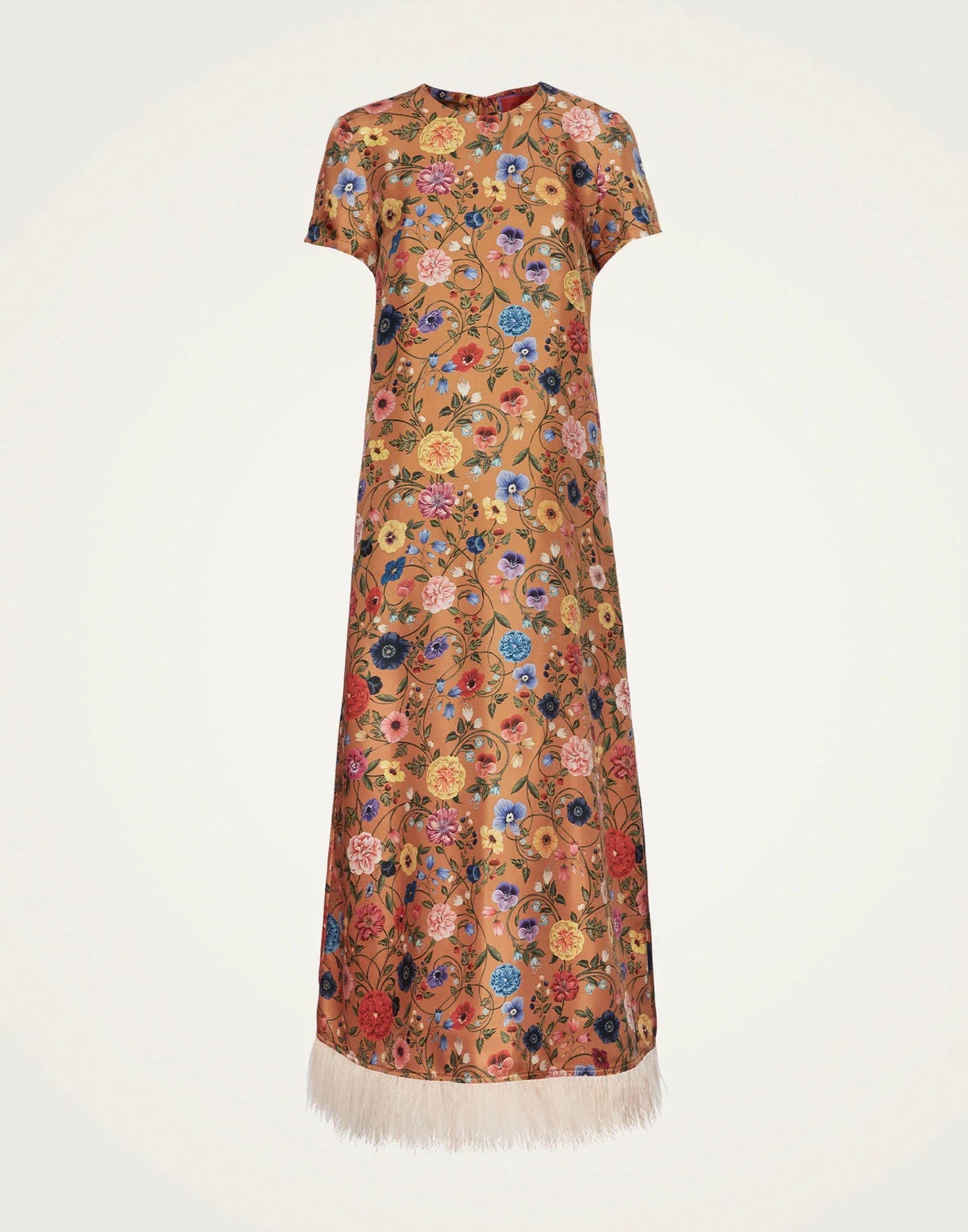 Gladys – Abito da Festa Donna con Finiture in Piume e Stampa Floreale