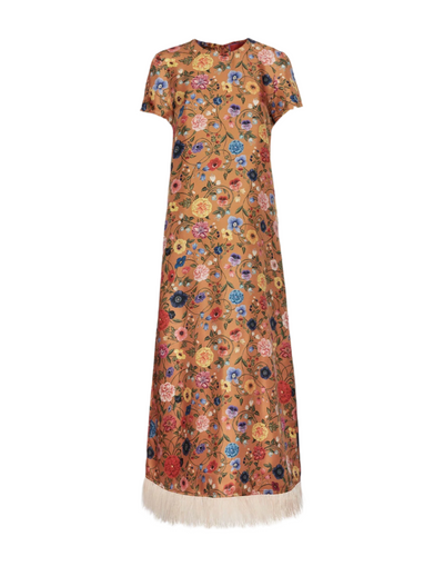 Gladys – Abito da Festa Donna con Finiture in Piume e Stampa Floreale