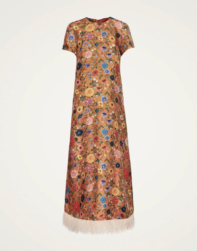 Gladys – Abito da Festa Donna con Finiture in Piume e Stampa Floreale