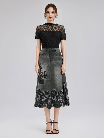 Vanessa – Gonna Svasata in Denim con Ricami per Donna