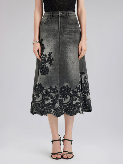 Vanessa – Gonna Svasata in Denim con Ricami per Donna