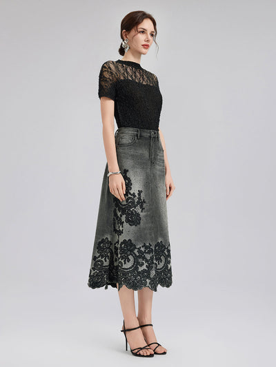 Vanessa – Gonna Svasata in Denim con Ricami per Donna