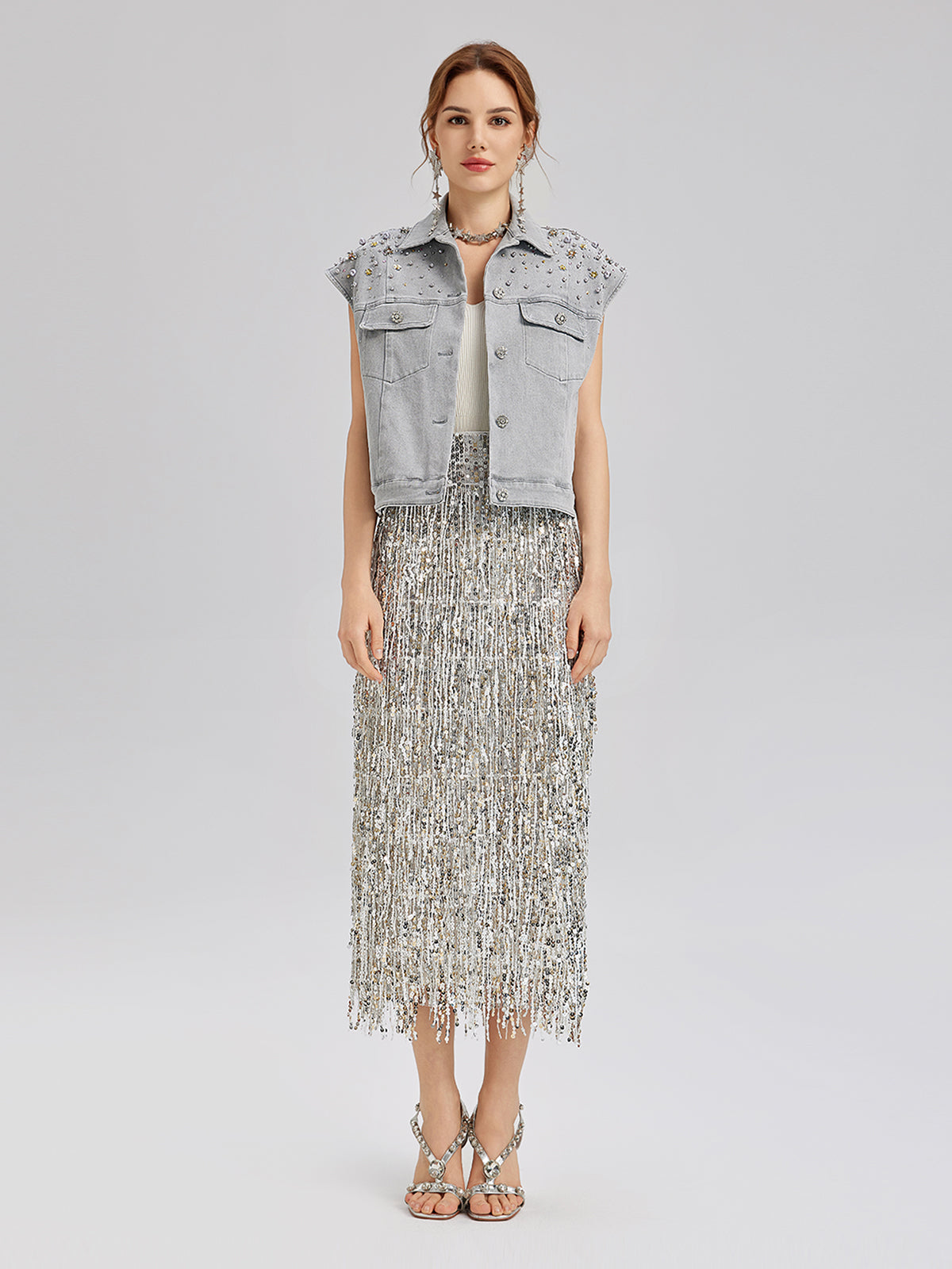 Manon – Gilet Corto da Donna in Denim Morbido con Perline