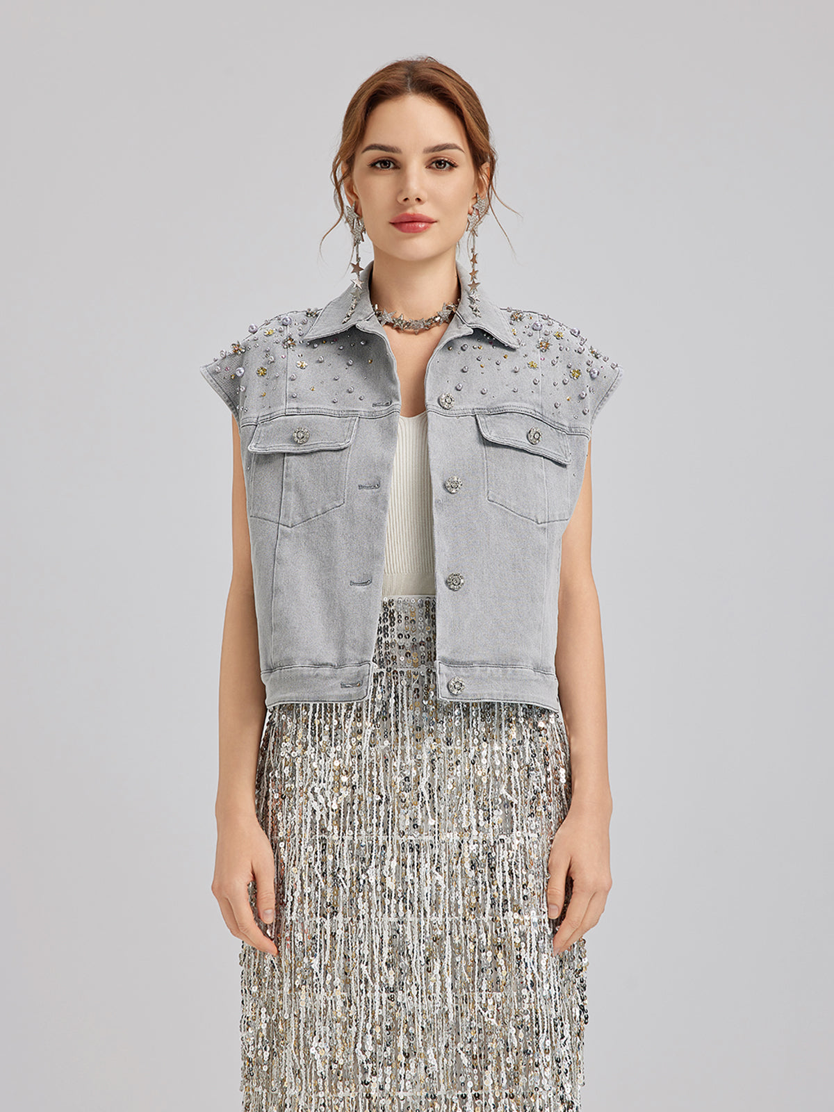 Manon – Gilet Corto da Donna in Denim Morbido con Perline