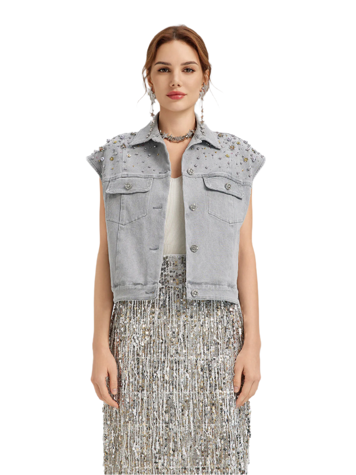 Manon – Gilet Corto da Donna in Denim Morbido con Perline