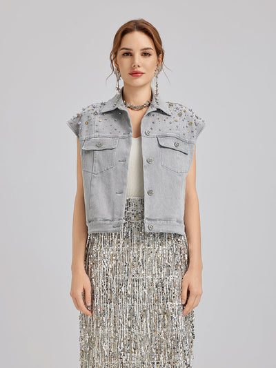 Manon – Gilet Corto da Donna in Denim Morbido con Perline