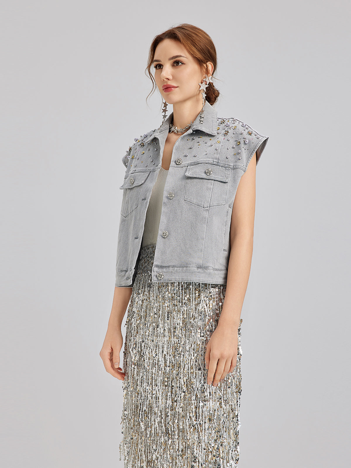 Manon – Gilet Corto da Donna in Denim Morbido con Perline