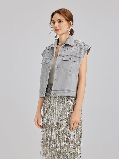 Manon – Gilet Corto da Donna in Denim Morbido con Perline