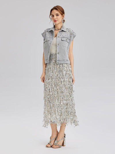 Manon – Gilet Corto da Donna in Denim Morbido con Perline