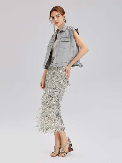 Manon – Gilet Corto da Donna in Denim Morbido con Perline