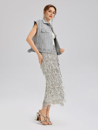 Manon – Gilet Corto da Donna in Denim Morbido con Perline