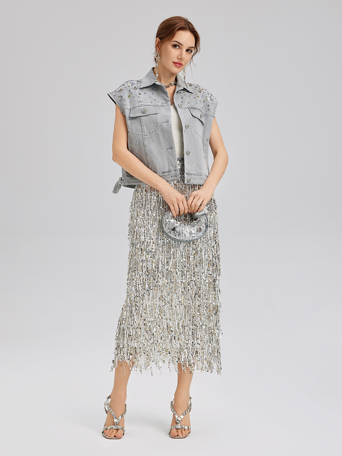 Manon – Gilet Corto da Donna in Denim Morbido con Perline