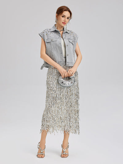 Manon – Gilet Corto da Donna in Denim Morbido con Perline