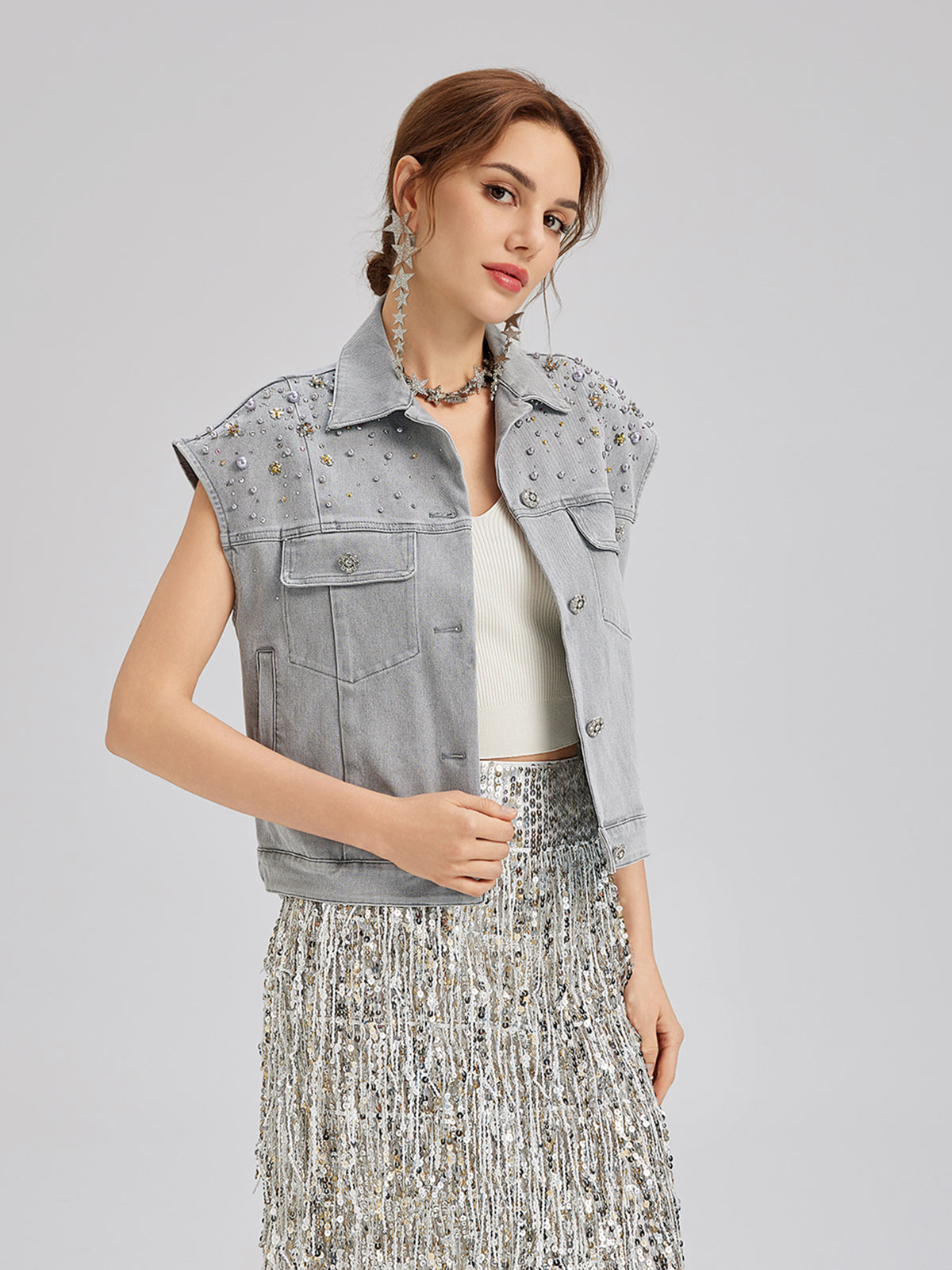 Manon – Gilet Corto da Donna in Denim Morbido con Perline