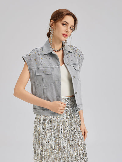 Manon – Gilet Corto da Donna in Denim Morbido con Perline