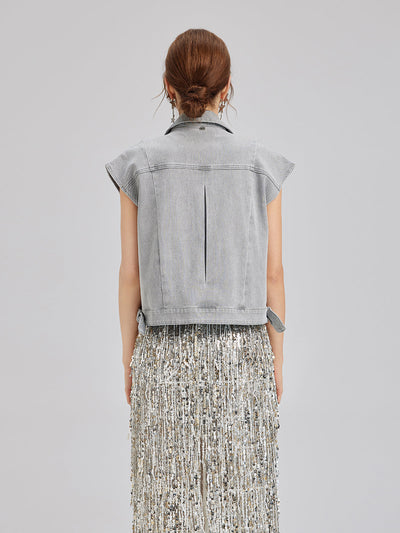 Manon – Gilet Corto da Donna in Denim Morbido con Perline