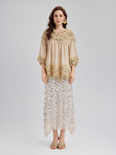 Riley – Blusa Donna in Pizzo con Pieghe e Ricami Floreali