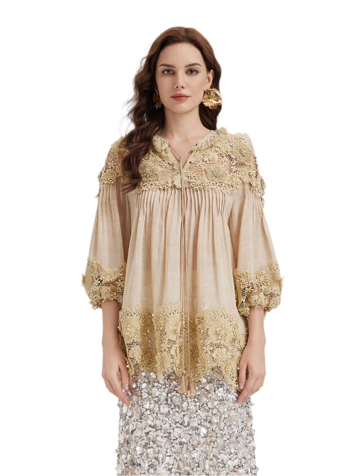 Riley – Blusa Donna in Pizzo con Pieghe e Ricami Floreali