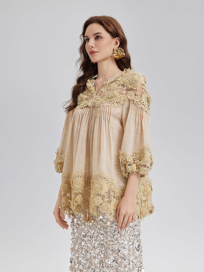 Riley – Blusa Donna in Pizzo con Pieghe e Ricami Floreali