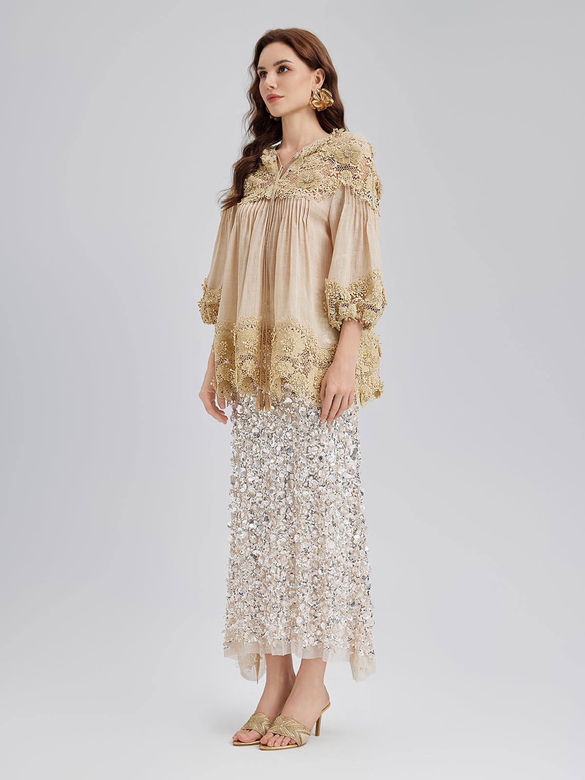 Riley – Blusa Donna in Pizzo con Pieghe e Ricami Floreali