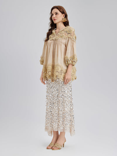 Riley – Blusa Donna in Pizzo con Pieghe e Ricami Floreali