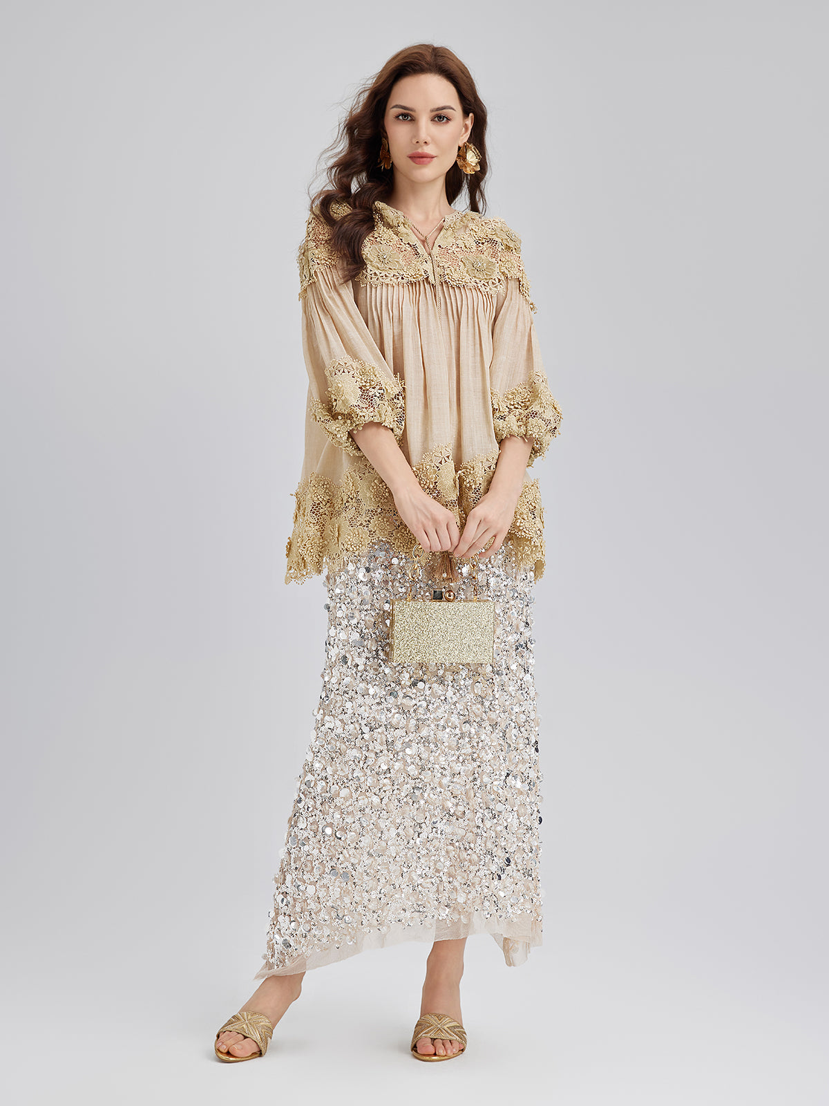 Riley – Blusa Donna in Pizzo con Pieghe e Ricami Floreali