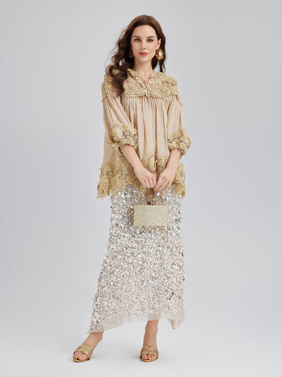 Riley – Blusa Donna in Pizzo con Pieghe e Ricami Floreali