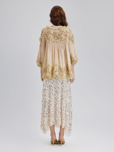 Riley – Blusa Donna in Pizzo con Pieghe e Ricami Floreali