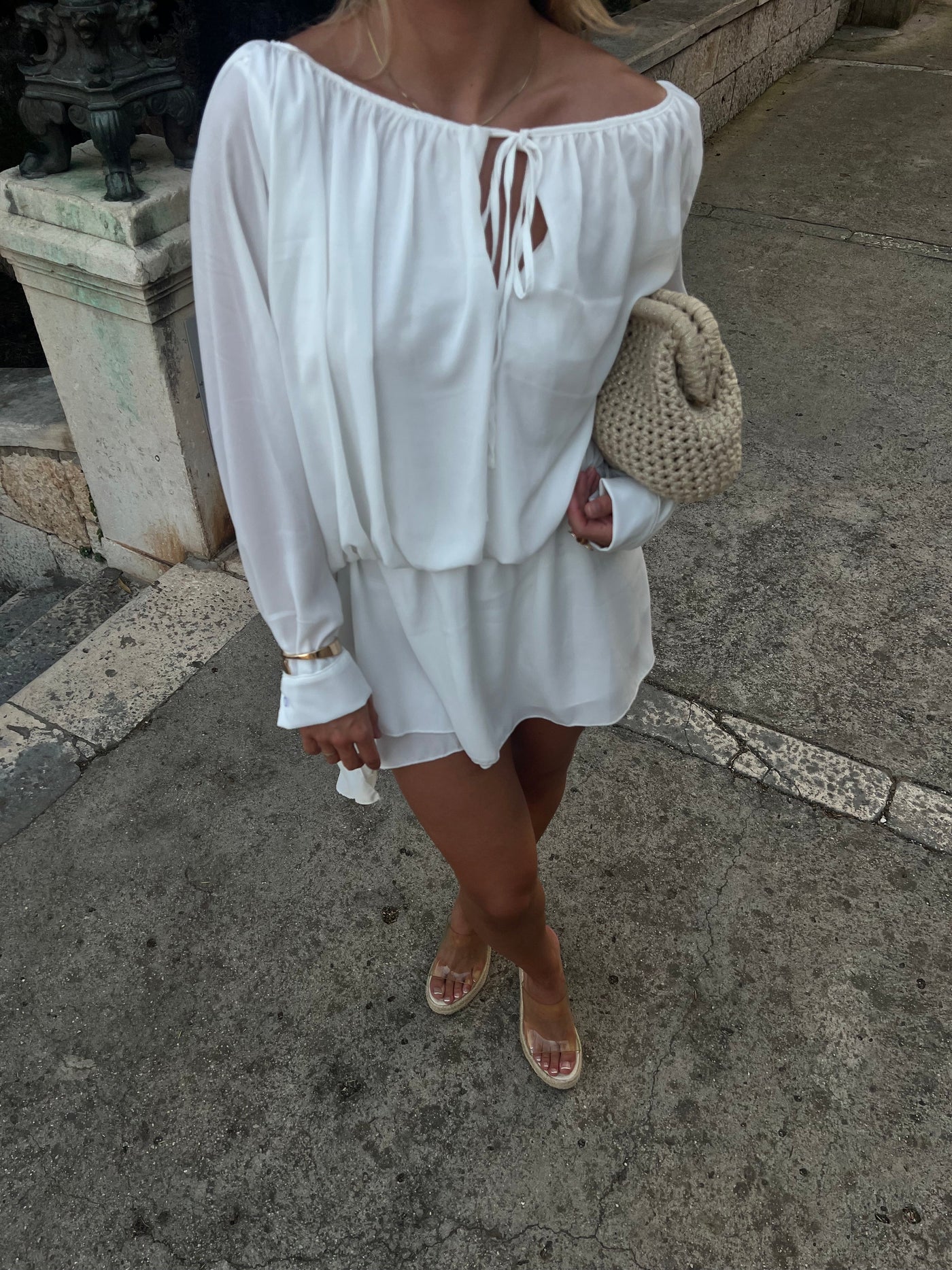 Naomie – Abito Lungo Donna in Chiffon Bianco con Spalle Scoperte