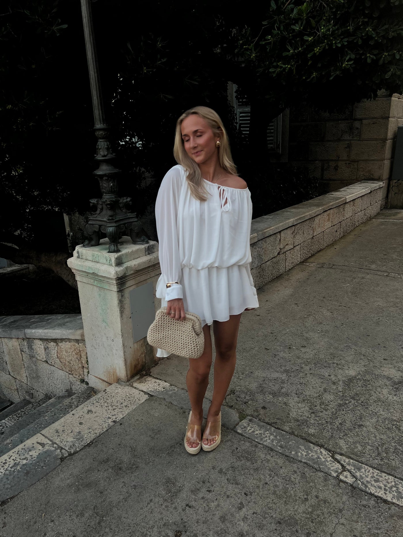 Naomie – Abito Lungo Donna in Chiffon Bianco con Spalle Scoperte